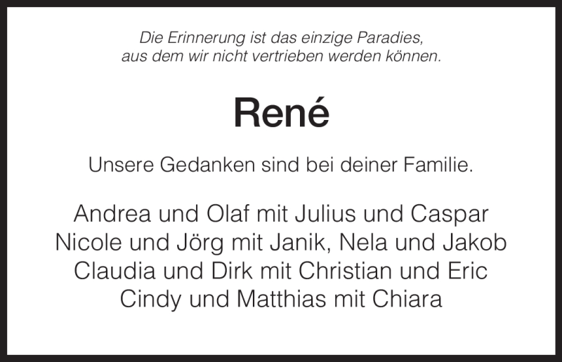 Traueranzeigen von René Unbekannt Trauer HNA de