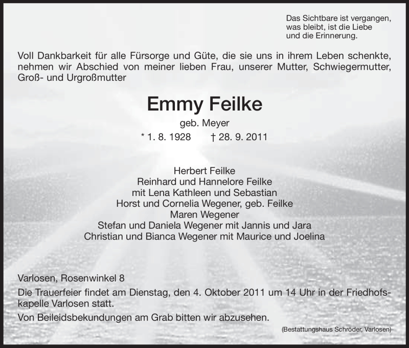 Traueranzeigen Von Emmy Feilke Trauer HNA De