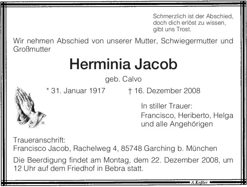 Traueranzeigen Von Herminia Jacob Trauer HNA De