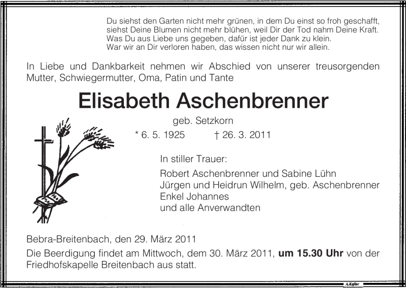 Traueranzeigen Von Elisabeth Aschenbrenner Trauer HNA De