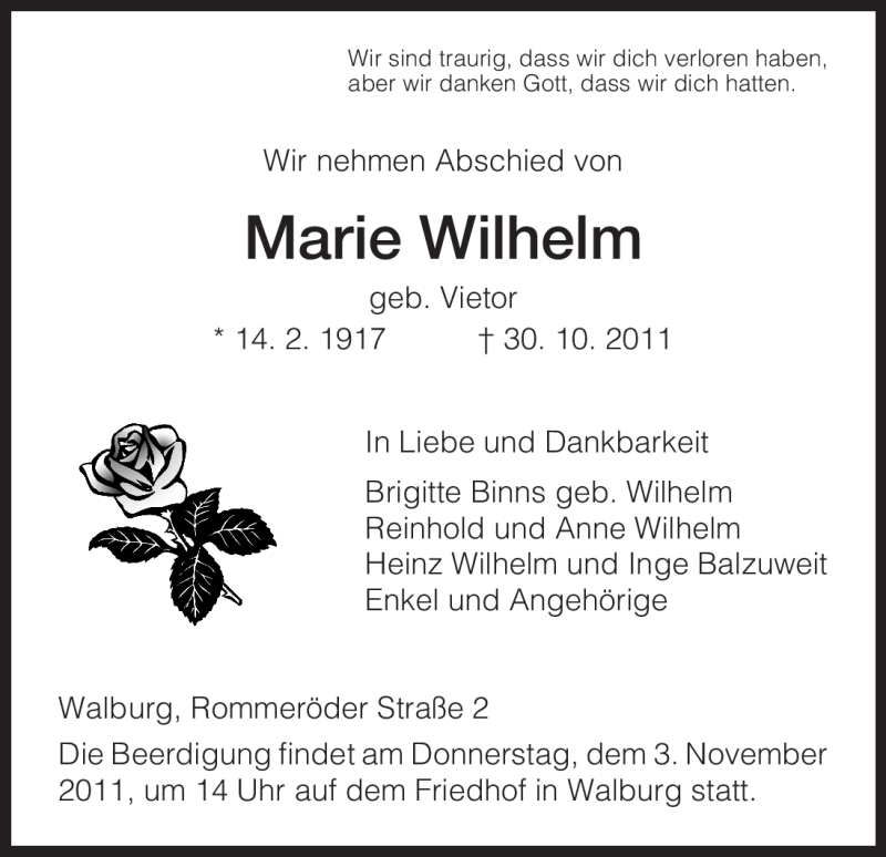 Traueranzeigen Von Marie Wilhelm Trauer Hna De