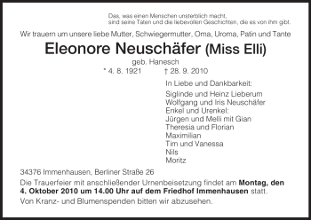 Traueranzeigen Von Eleonore Neusch Fer Trauer Hna De