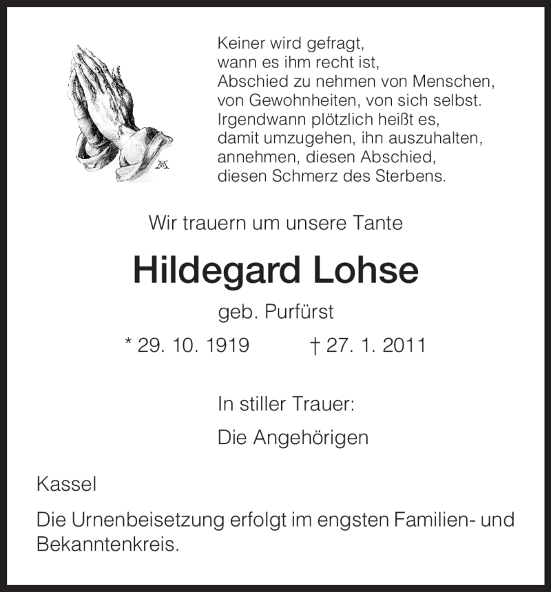 Traueranzeigen Von Hildegard Lohse Trauer Hna De