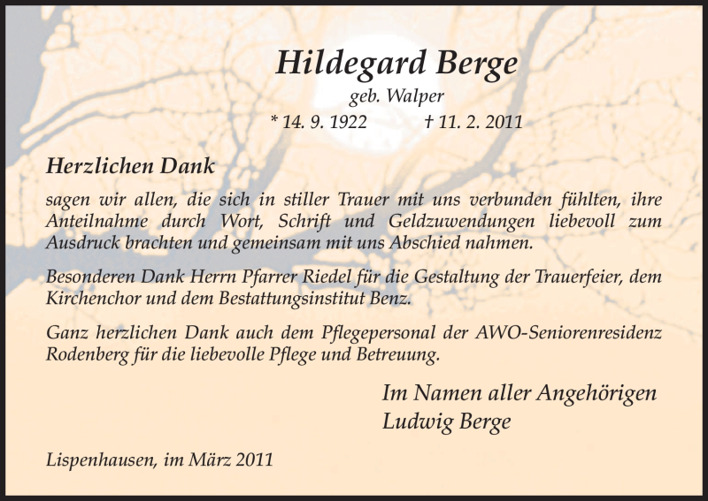 Traueranzeigen Von Hildegard Berge Trauer Hna De