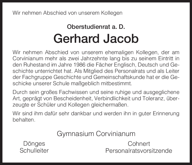 Traueranzeigen Von Gerhard Jacob Trauer HNA De