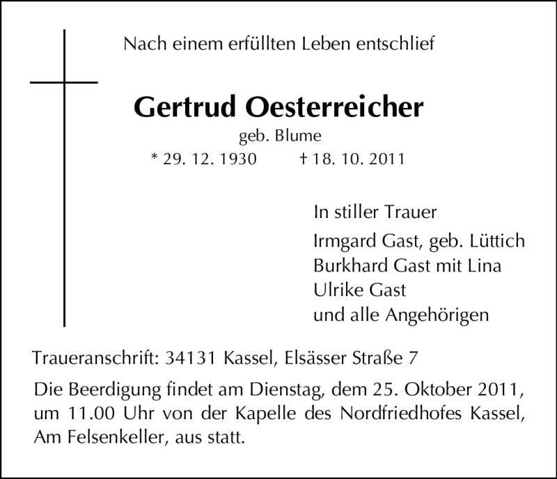 Traueranzeigen Von Gertrud Oesterreicher Trauer HNA De