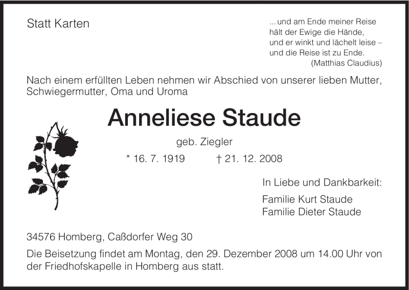 Traueranzeigen Von Anneliese Staude Trauer HNA De