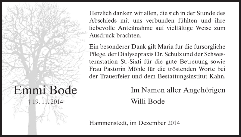 Traueranzeigen Von Emmi Bode Trauer HNA De