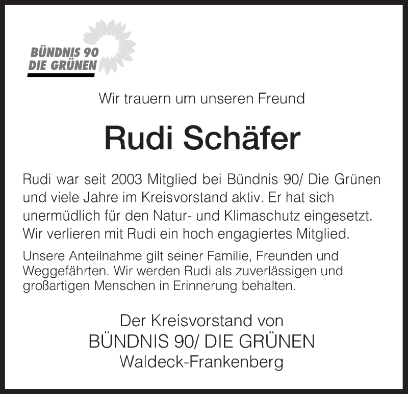 Traueranzeigen von Rudi Schäfer Trauer HNA de