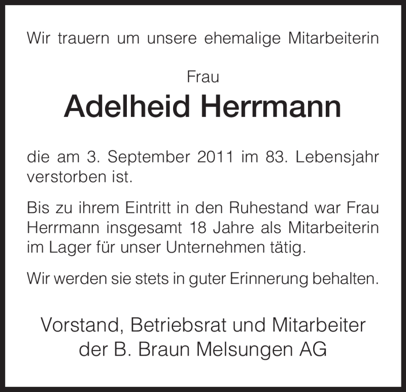 Traueranzeigen Von Adelheid Herrmann Trauer Hna De