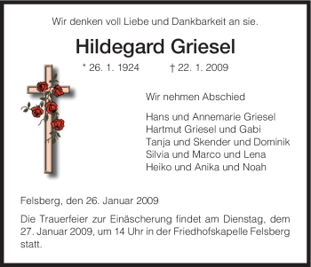 Traueranzeigen Von Hildegard Griesel Trauer Hna De