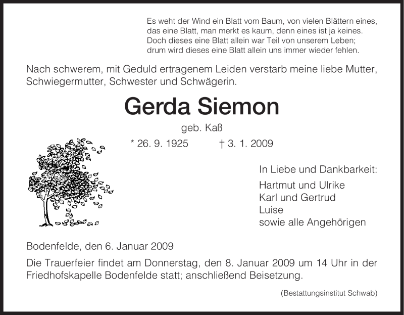 Traueranzeigen Von Gerda Siemon Trauer HNA De