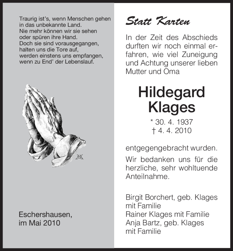 Traueranzeigen Von Hildegard Klages Trauer HNA De