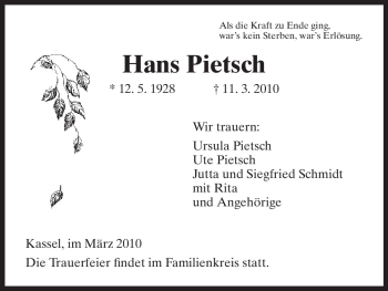 Traueranzeigen Von Hans Pietsch Trauer HNA De