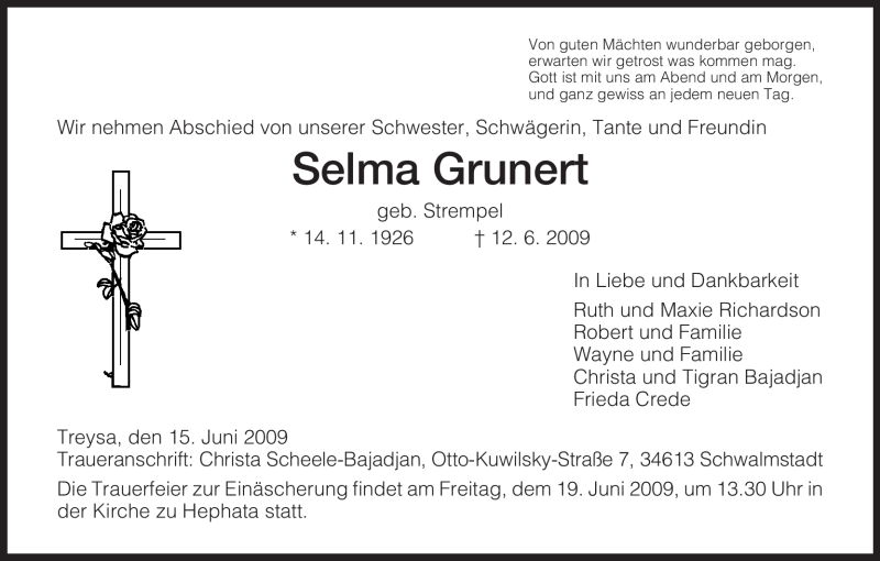 Traueranzeigen Von Selma Grunert Trauer HNA De