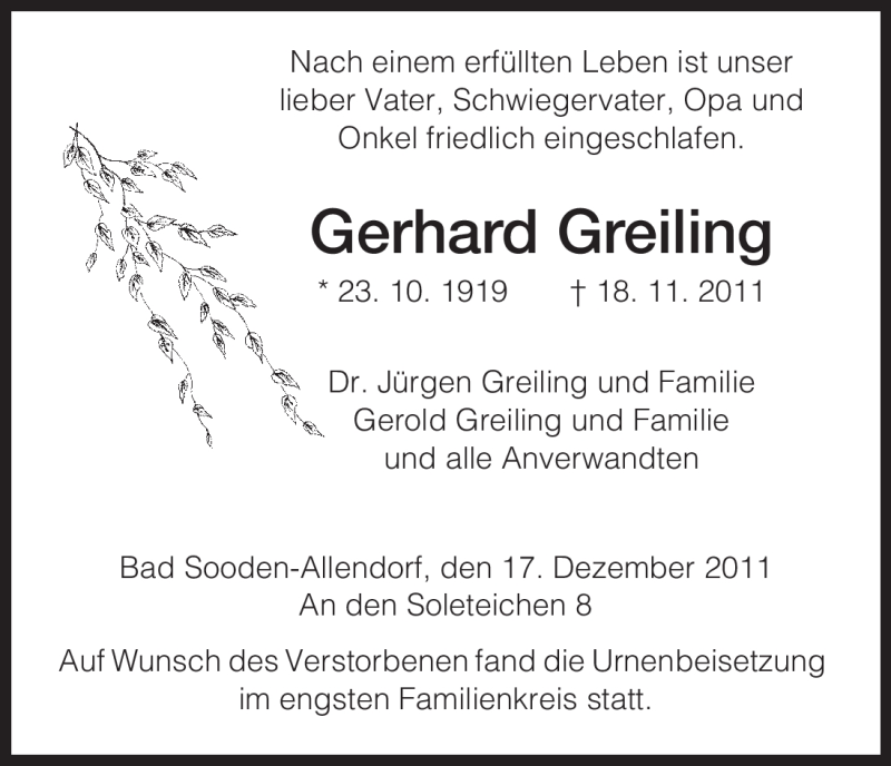 Traueranzeigen Von Gerhard Greiling Trauer Hna De