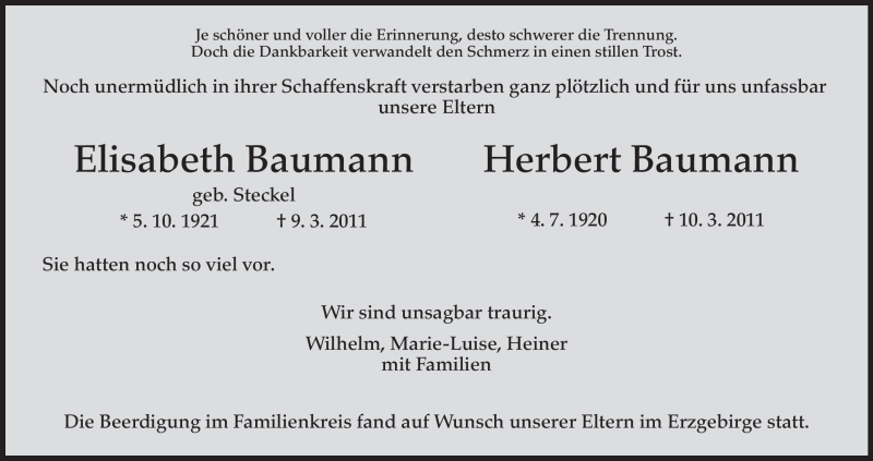 Traueranzeigen Von Elisabeth Baumann Trauer Hna De