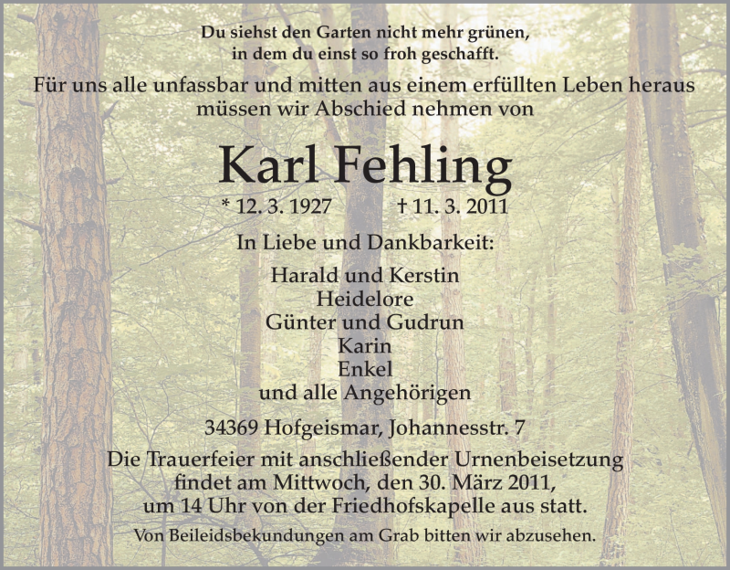 Traueranzeigen Von Karl Fehling Trauer Hna De