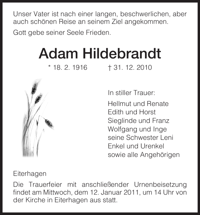 Traueranzeigen Von Adam Hildebrandt Trauer Hna De