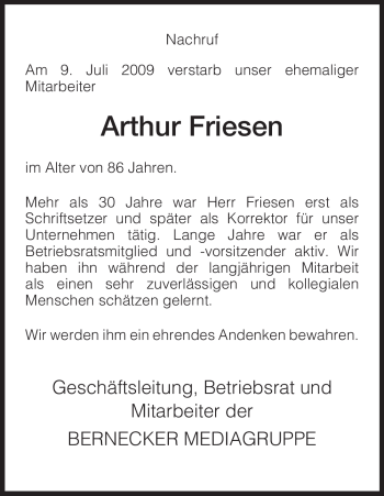 Traueranzeigen Von Arthur Friesen Trauer Hna De