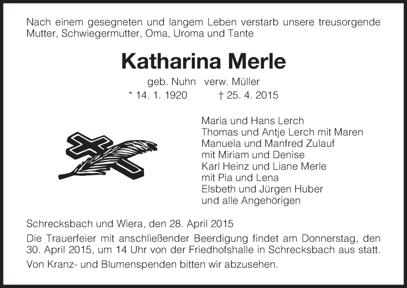 Traueranzeigen Von Katharina Merle Trauer HNA De