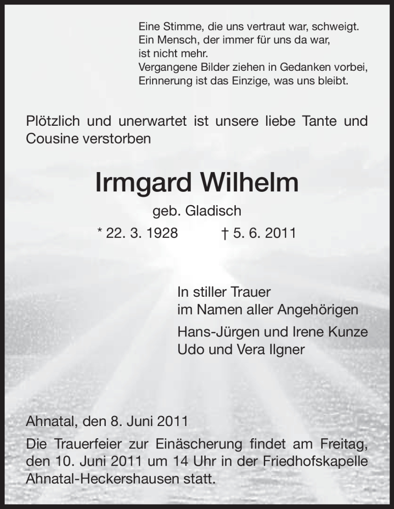 Traueranzeigen Von Irmgard Wilhelm Trauer HNA De