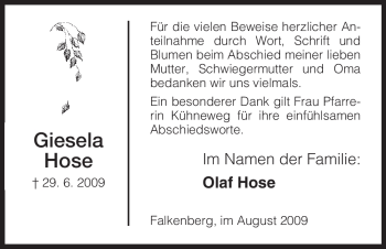 Traueranzeigen Von Giesela Hose Trauer Hna De