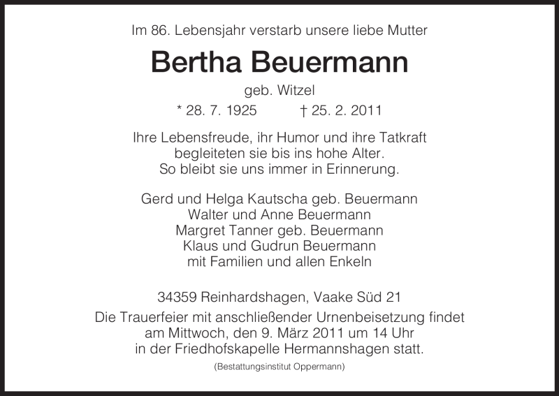 Traueranzeigen Von Bertha Beuermann Trauer Hna De