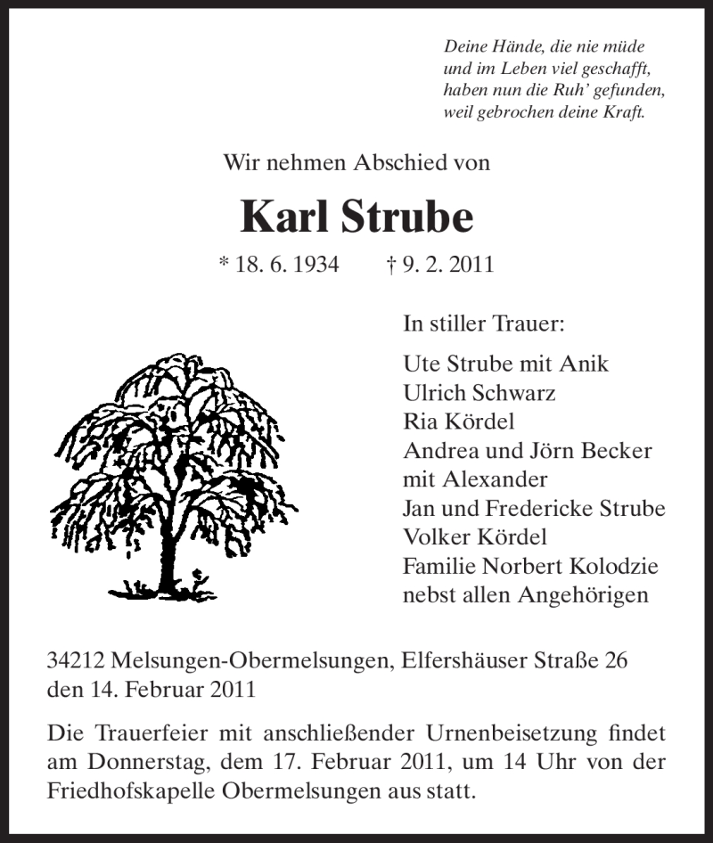 Traueranzeigen Von Karl Strube Trauer Hna De