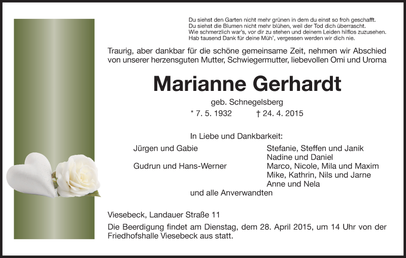 Traueranzeigen Von Marianne Gerhardt Trauer Hna De