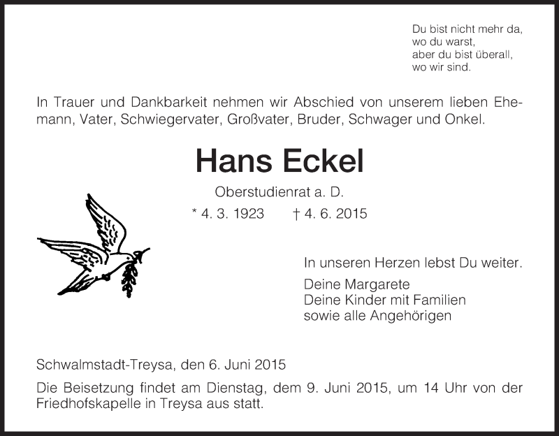 Traueranzeigen Von Hans Eckel Trauer HNA De