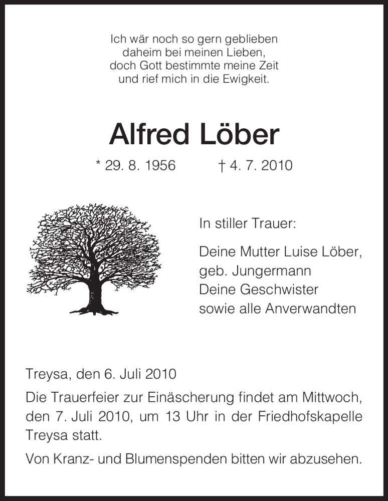 Traueranzeigen von Alfred Löber Trauer HNA de