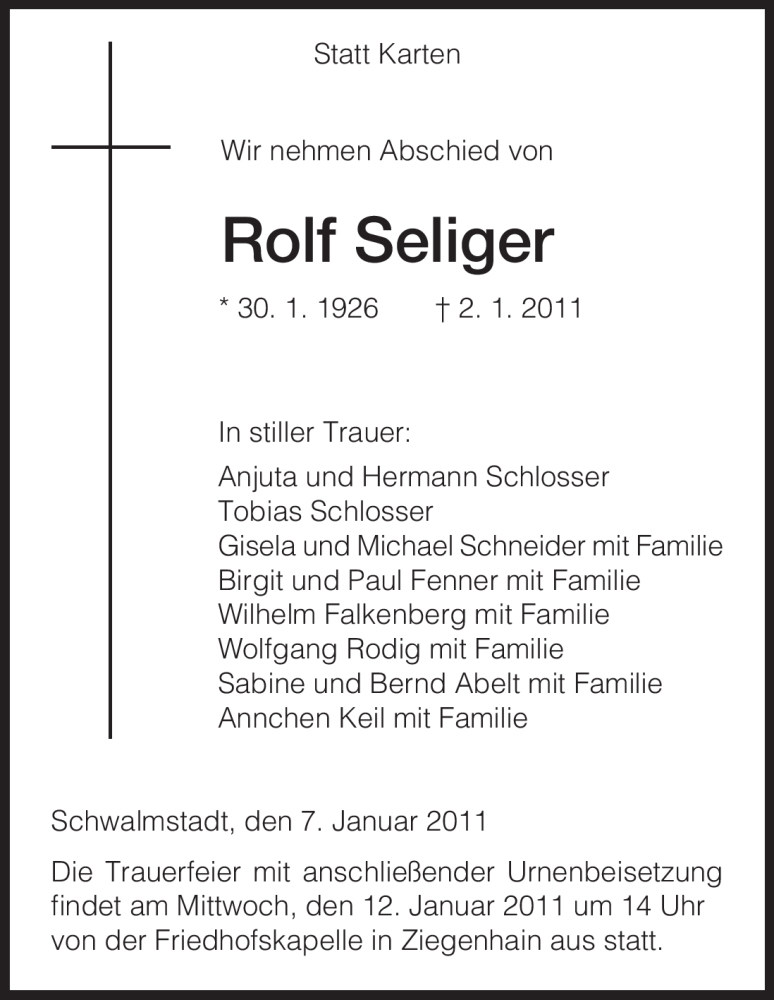 Traueranzeigen Von Rolf Seliger Trauer HNA De