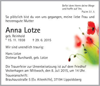 Traueranzeigen Von Anna Lotze Trauer Hna De