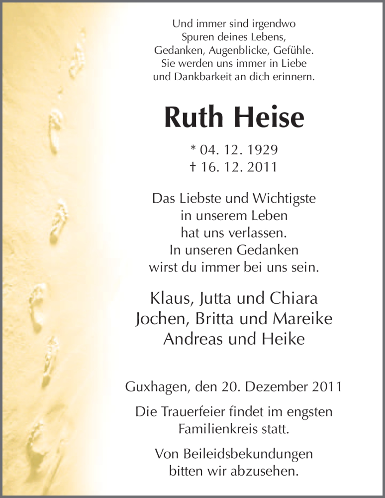 Traueranzeigen Von Ruth Heise Trauer HNA De