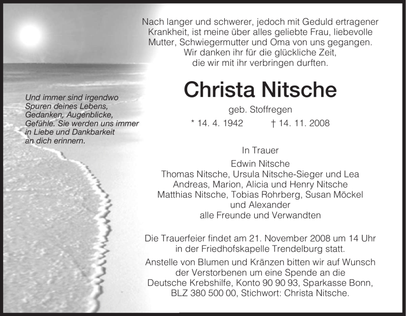 Traueranzeigen Von Christa Nitsche Trauer Hna De