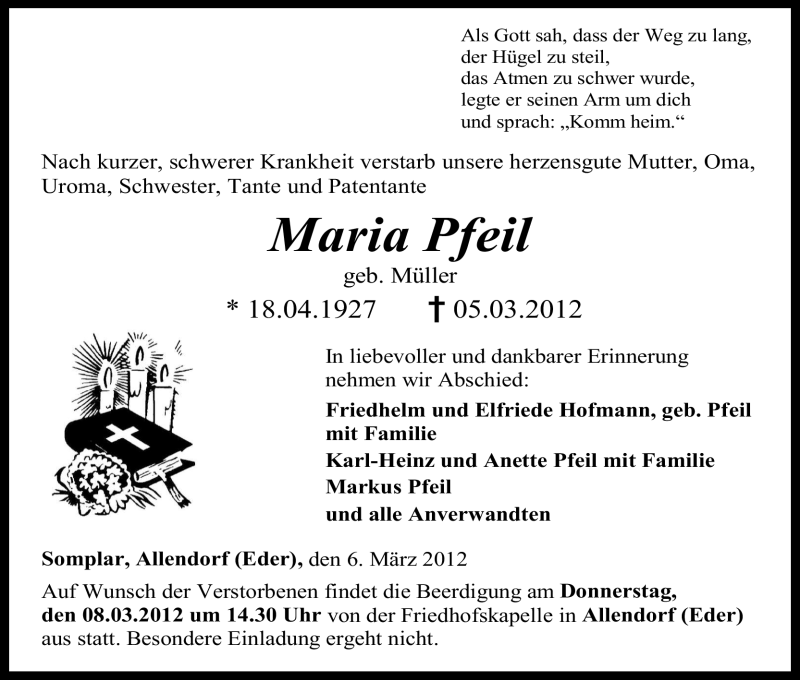 Traueranzeigen Von Maria Pfeil Trauer HNA De