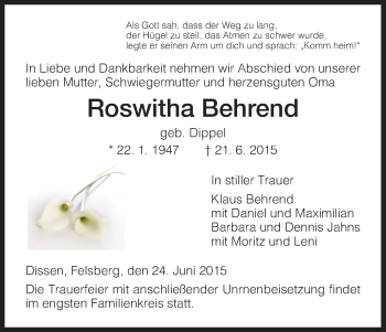 Traueranzeigen Von Roswitha Behrend Trauer HNA De