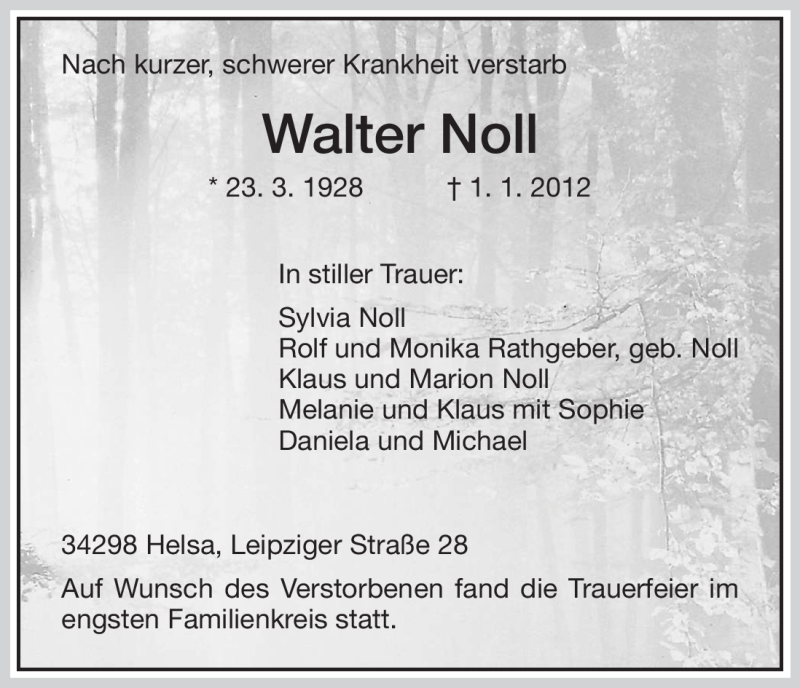 Traueranzeigen Von Walter Noll Trauer HNA De