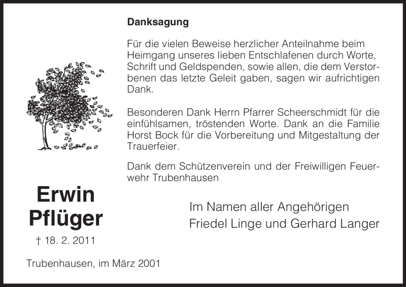 Traueranzeigen von Erwin Pflüger Trauer HNA de