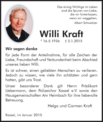 Traueranzeigen Von Willi Kraft Trauer HNA De