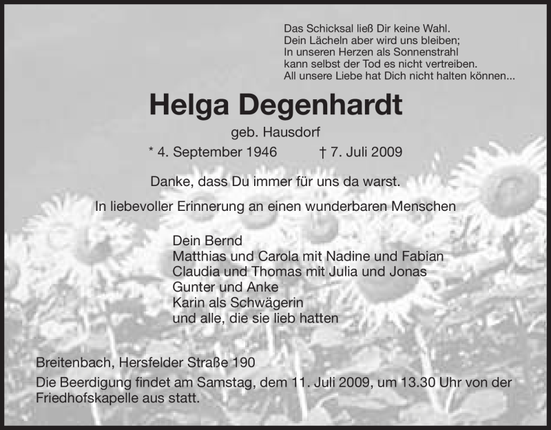 Traueranzeigen Von Helga Degenhardt Trauer Hna De