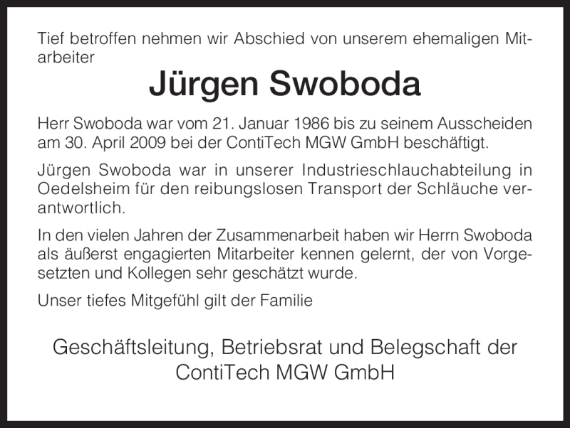 Traueranzeigen von Jürgen Swoboda Trauer HNA de