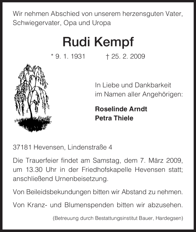 Traueranzeigen Von Rudi Kempf Trauer HNA De