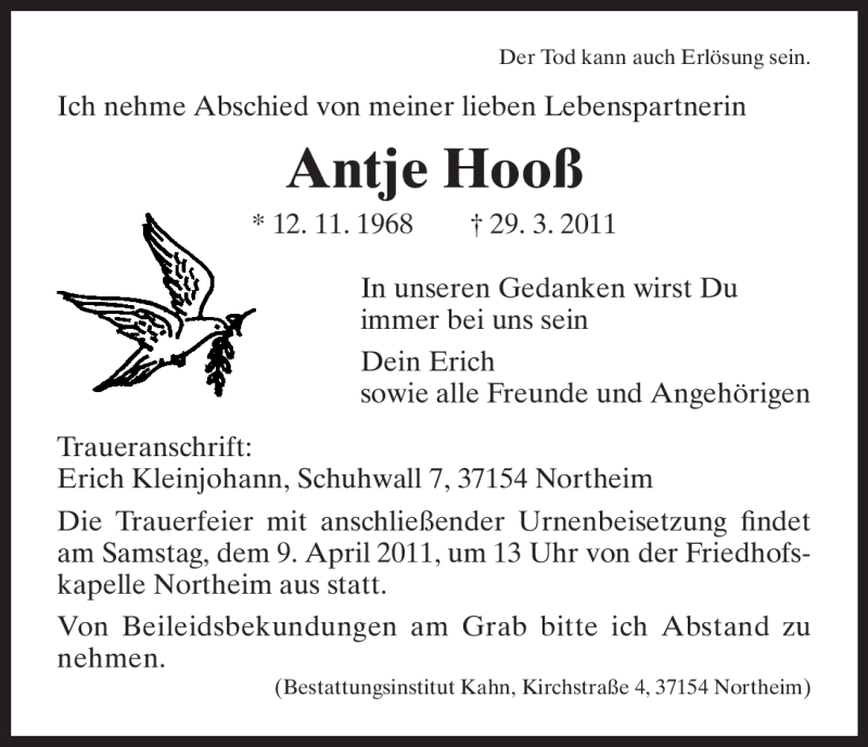 Traueranzeigen Von Antje Hoo Trauer Hna De