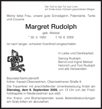 Traueranzeigen Von Margret Rudolph Trauer HNA De