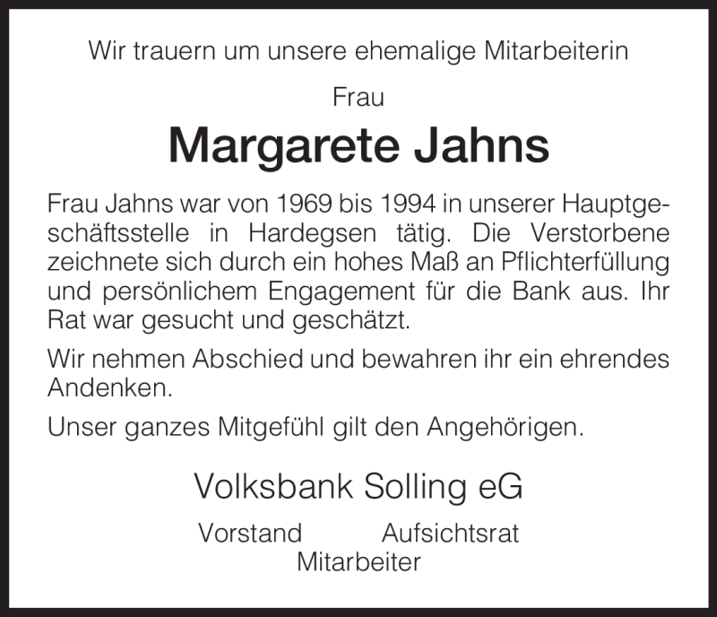 Traueranzeigen Von Margarete Jahns Trauer Hna De