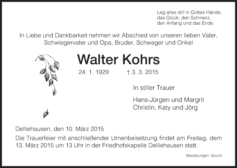 Traueranzeigen Von Walter Kohrs Trauer Hna De