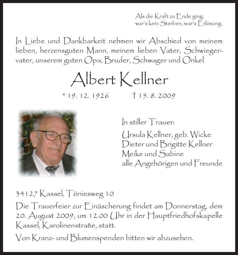 Traueranzeigen Von Albert Kellner Trauer HNA De