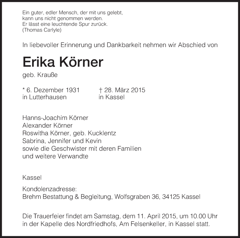 Traueranzeigen von Erika Körner Trauer HNA de